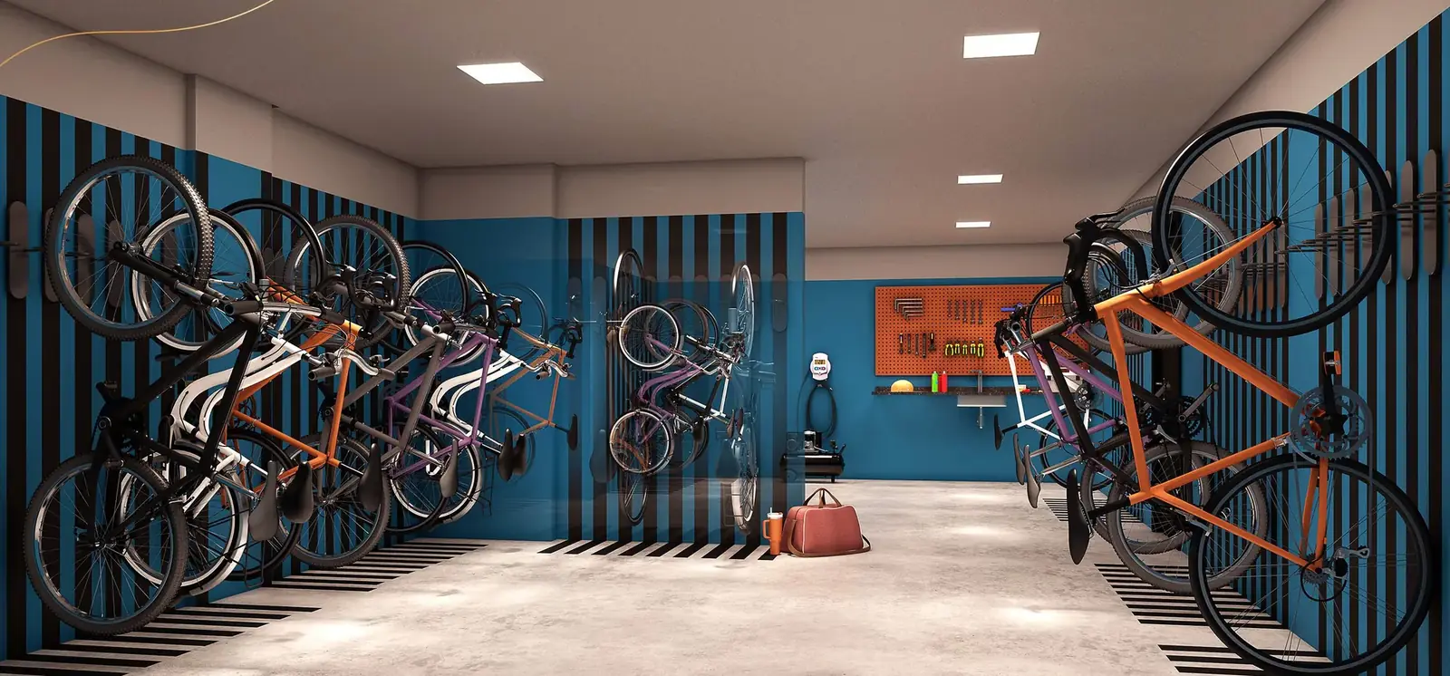 Bicicletário para 59 bicicletas com oficina do Home 375 Vila Sônia – perspectiva ilustrada