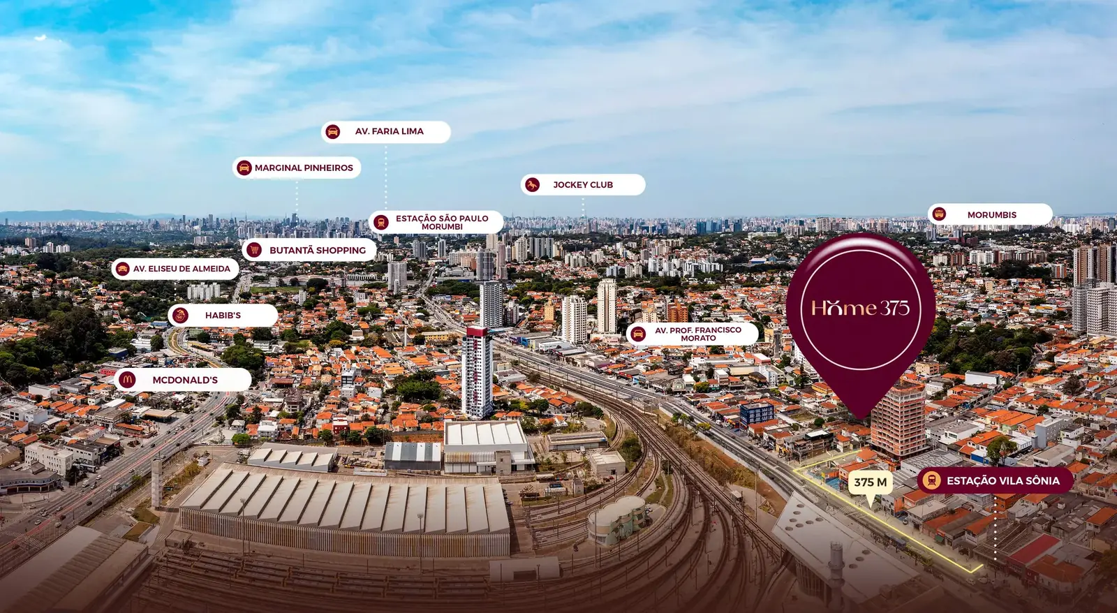Vista aérea da Vila Sônia com a localização do Home 375 Vila Sônia e pontos de referência