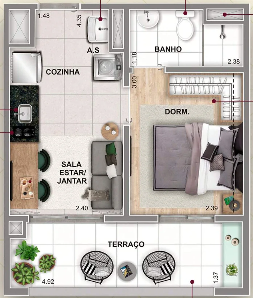 Planta de 1 quarto · 30 m² do Home 375 Vila Sônia – apartamento 2 quartos Vila Sônia